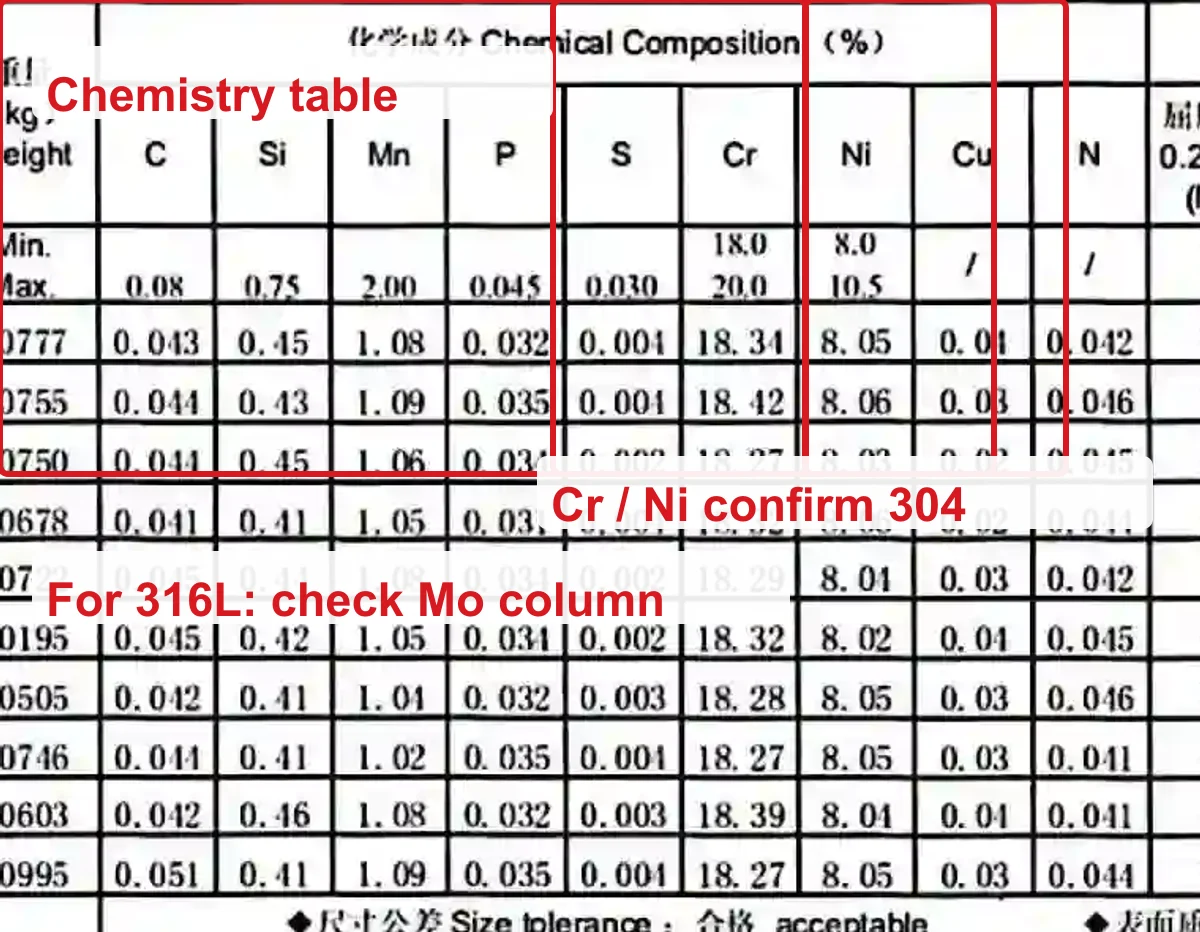 Annotated MTC chemical composition table highlighting Cr and Ni for 304 and Mo check for 316L
